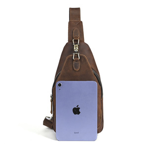 Sac de poitrine vintage en cuir Crazy Horse pour homme, marron foncé, multi-zips, durable, usage quotidien - Product Image 4