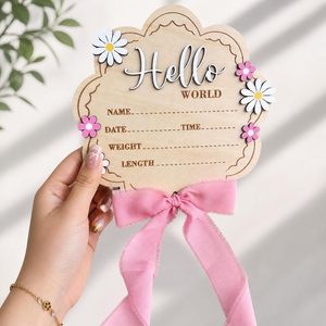Panneau d'annonce de <span class=keywords><strong>naissance</strong></span> pour bébé fille 'Bonjour le Monde' en bois de 6 pouces, double face, à bords festonnés, avec motif 'Elle est là' et marguerite rose inversée, pour la <span class=keywords><strong>naissance</strong></span> - Product Image 4