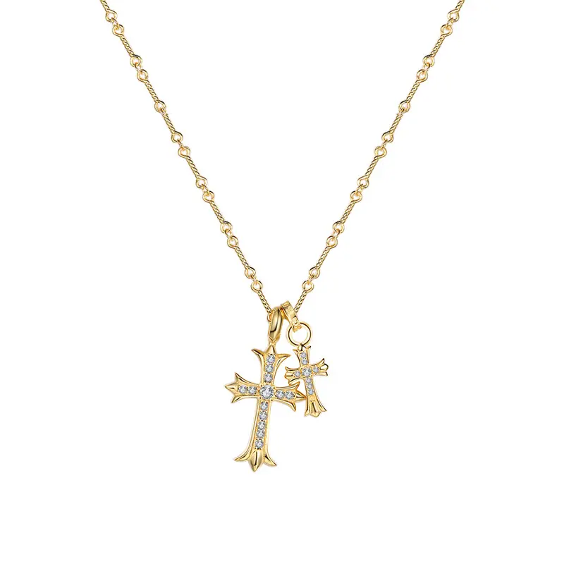 Punk Hiphop Double Cross 18K Gold Plated Inlaid Diamond Clavicle Chain Pendant Necklace For Men and Women