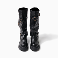 Bottes mi-mollet vintage pour femme, style décontracté, en PU, à plateforme et semelle crantée, avec boucle et rivets, logo personnalisé, faible MOQ, vente en gros, usine OEM ODM