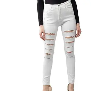 Zhuoyang Kledingstuk Custom Logo Low Moq Trendy Broek Wit Zwart Skinny Gescheurde Denim Jeans Stretch Herfst Broek Voor Vrouwen