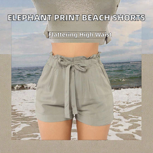 Shorts de plage d'été pour femmes, coupe classique, imprimé éléphant thaïlandais, taille haute, décontracté, respirant, 100% coton, avec cordon de serrage, longueur genou - Product Image 2