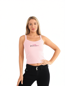 Débardeur en coton rose brodé à col carré, coupe courte, décontracté, pour femme, avec logo imprimé sur le devant - Product Image 1
