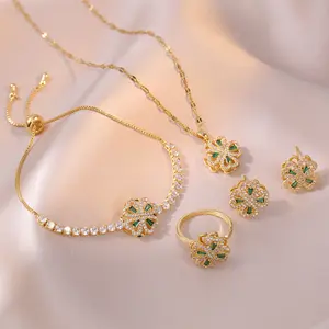 KISSWIFE 18k Gold Plated Stainless Steel Rhinestone Ring Earrings Bracelet Necklace Zircon Pendant Jewelry Set