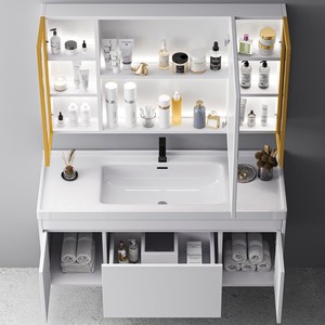 Ouni <b>Wall</b> Mounted <b>Bathroom</b> Vanity <b>Cabinet</b> White One Piece Ceramic Basin Smart Mirror Storage - Product Image 1