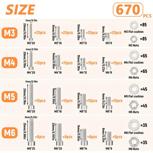 670Pcs Stainless Steel Socket Head <b>Cap</b> Screw Nut Set M3 M4 M5 M6 Hex <b>Bolts</b> With Flat Washers And Case - Product Image 3