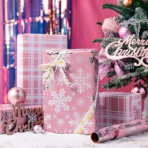Custom <b>Pink</b> Reversible Snowflake Stripe <b>Wrapping</b> <b>Paper</b> for Christmas Holiday Gift Packaging <b>Paper</b> for Kid Party DIY Decoration - Product Image 1