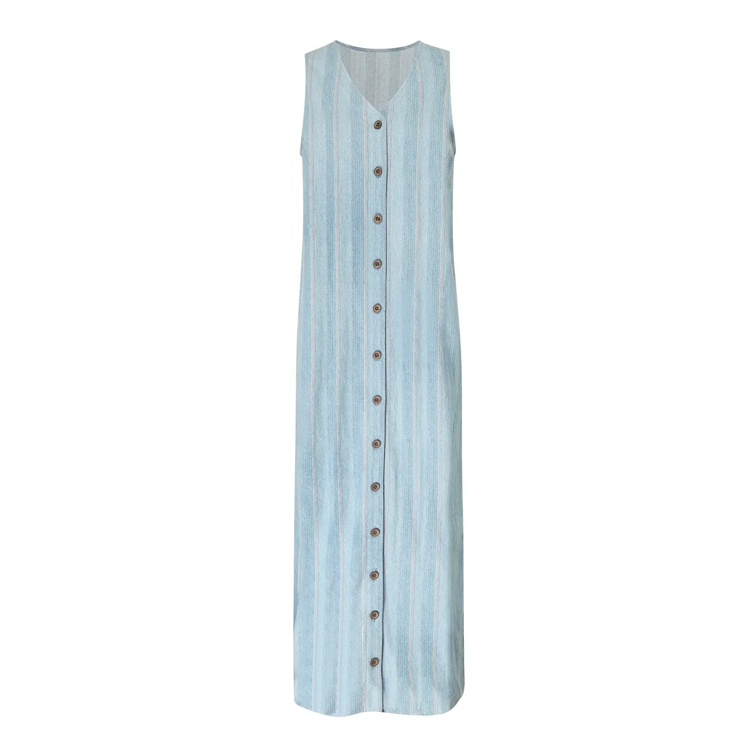 Özel bayanlar yaz Sky Blue kolsuz gevşek 100% pamuklu elbiseler beyaz seksi çizgili v yaka Midi sütun düz elbise kadınlar İngiltere