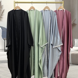 9.9 Smooth Satin Muslim Women Latest <b>Abaya</b> Shiny Diamond With Lace Border Batwing Sleeves Gaily New Muslim Open <b>Abaya</b> 1429# - Product Image 6