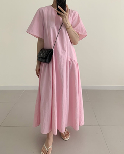 Robe longue décontractée pour femme à manches courtes, col rond, coupe trapèze ample, idéale pour les vacances d'été - Product Image 1