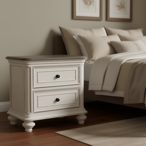 Comodino dal Design Tradizionale con 2 Cassetti, Finitura Bianco Antico e Grigio Marrone, Arredamento Camera da Letto con Maniglie Nere - Product Image 2