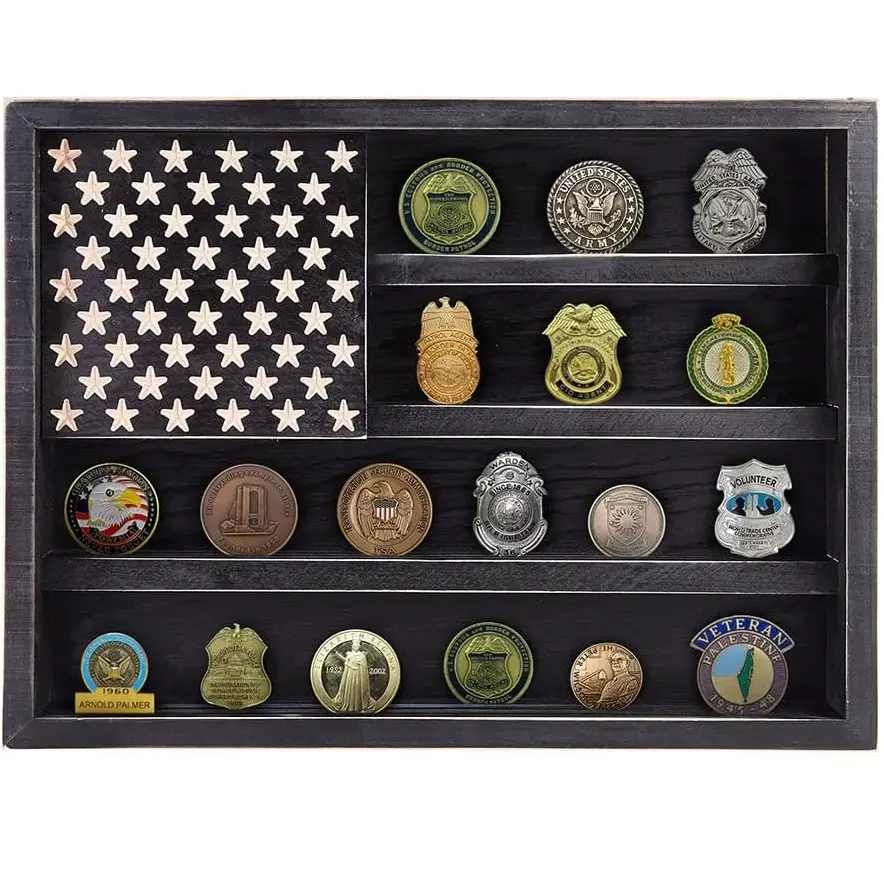 Estante para monedas de desafío militar del Gobierno 202405, marco de exhibición de monedas de desafío, soporte para monedas, bandera americana de madera, decoración de pared