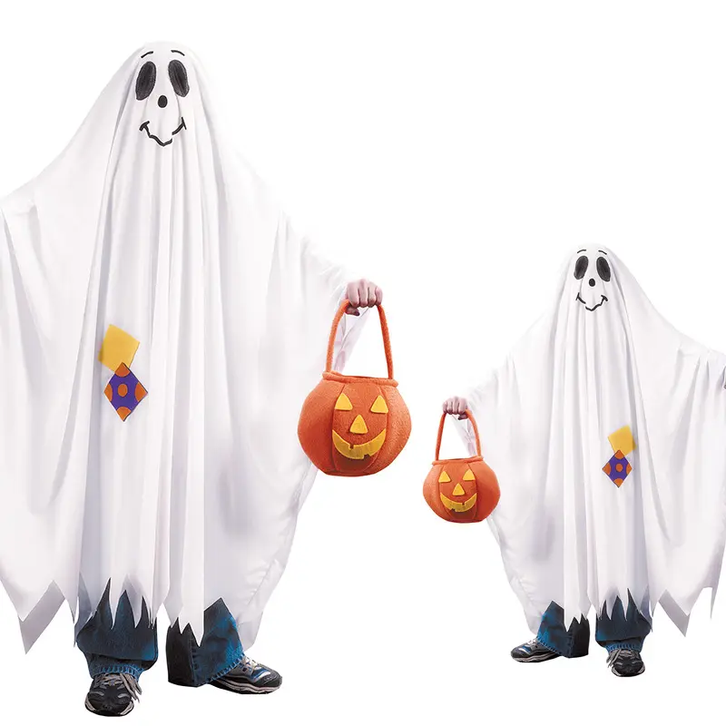 Hochwertige Halloween Kinder kleidung Ghost Cloak Cosplay Kostüm weiße Bühnen kostüme für Kinder Kinder mit Kürbis tasche