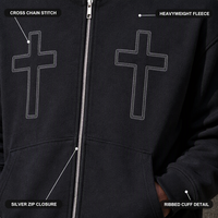 Sudadera con capucha gótica de estilo urbano para hombre, personalizada, negra, de 420GSM, con bordado de doble cadena cruzada, corte holgado, extragrande, de peso pesado y con cremallera completa.