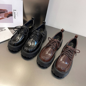 139-8British Style Genuine Leather Shiny Brown Shoes Women Spring Chunky Sole Wide Fit Big Size Height Increasing Casual Loafers - Product Image 1