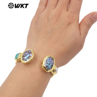MPB138 Bracelet manchette de luxe plaqué or 18 carats avec coquillage naturel, pierre et perle, style bohème pour femme, idéal comme cadeau