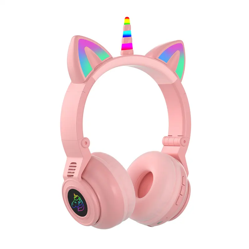 STN27 Headphone anak lucu, Headphone anak lucu merah muda bersinar LED tanpa kabel Unicorn untuk Natal