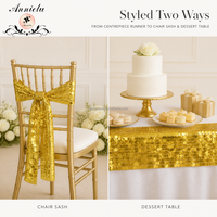 Chemin de table ANNIELU en sequins dorés, grand chemin de table à paillettes pour réception en plein air, soirée, mariage, décoration, vente en gros