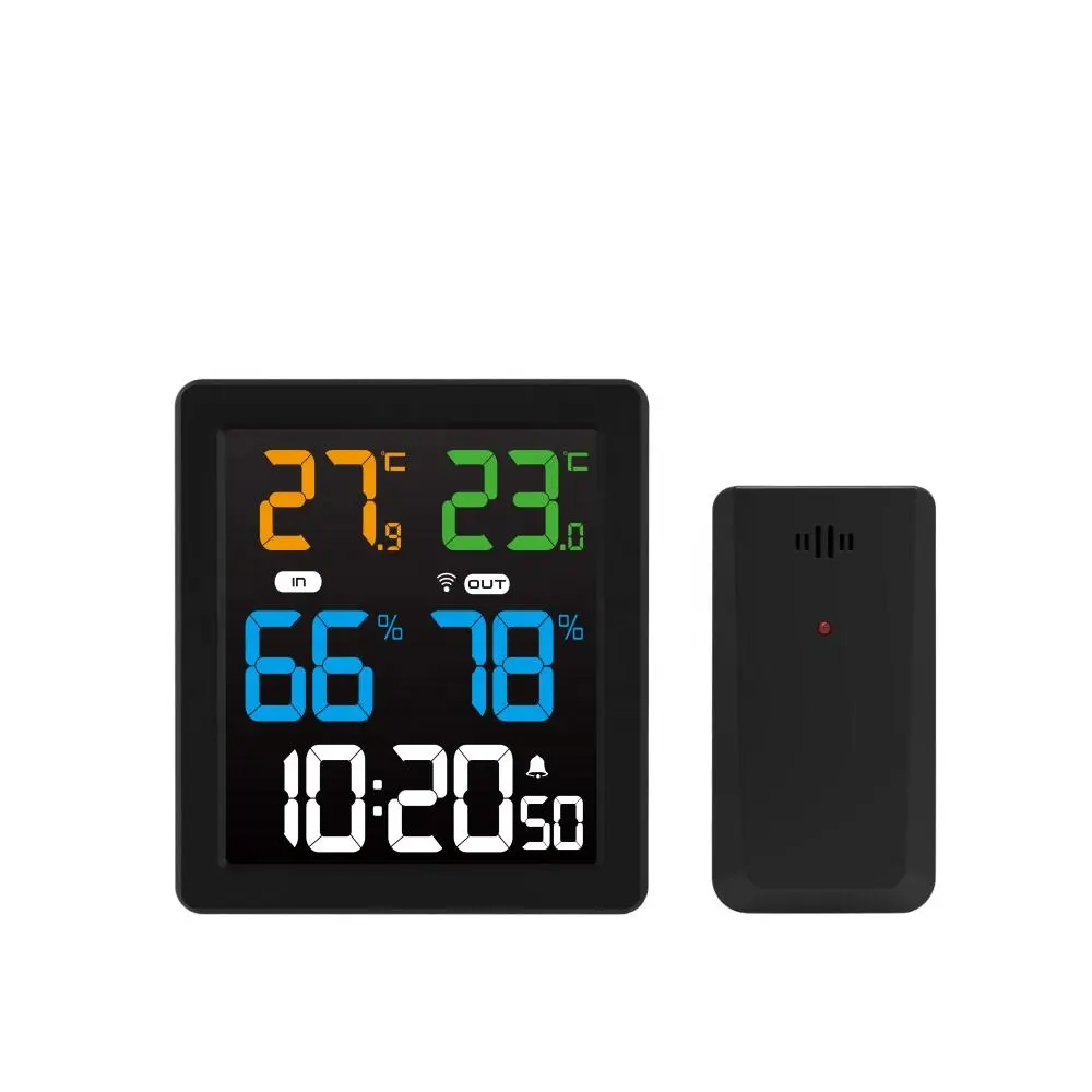 Digital mini color thermometer alarm clock with wide view time display indoor outdoor temperature and humidity alarm snooze