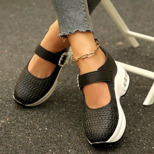 Nouvelles Chaussures Décontractées à Talon Compensé Grande Taille pour Femme, Style Automne, Tissées, à Semelle Épaisse, Plateforme et Strass, Pointure 43 - Product Image 2