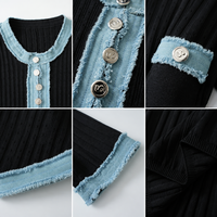 Nouvelle Robe Longue Femme Printemps-Été 2026 en Jean Patchwork de Luxe, Style Tweed Tricoté, Effet Amincissant à la Taille, Coupe Moulante aux Hanches