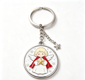 Porte-clés en métal émail rond avec pendentif étoile argenté, motif ange de Noël élite, accessoire cadeau - Product Image 5
