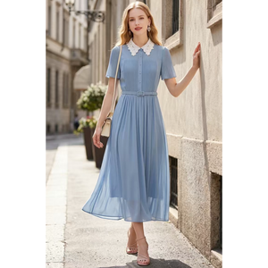 <span class=keywords><strong>Abito</strong></span> Estivo Casual Traspirante con Colletto in Pizzo, in Poliestere, con Busto Plissettato, Orlo Svasato, Vita Stretta, Stile Ampio e Svasato, Effetto Snellente - Product Image 6
