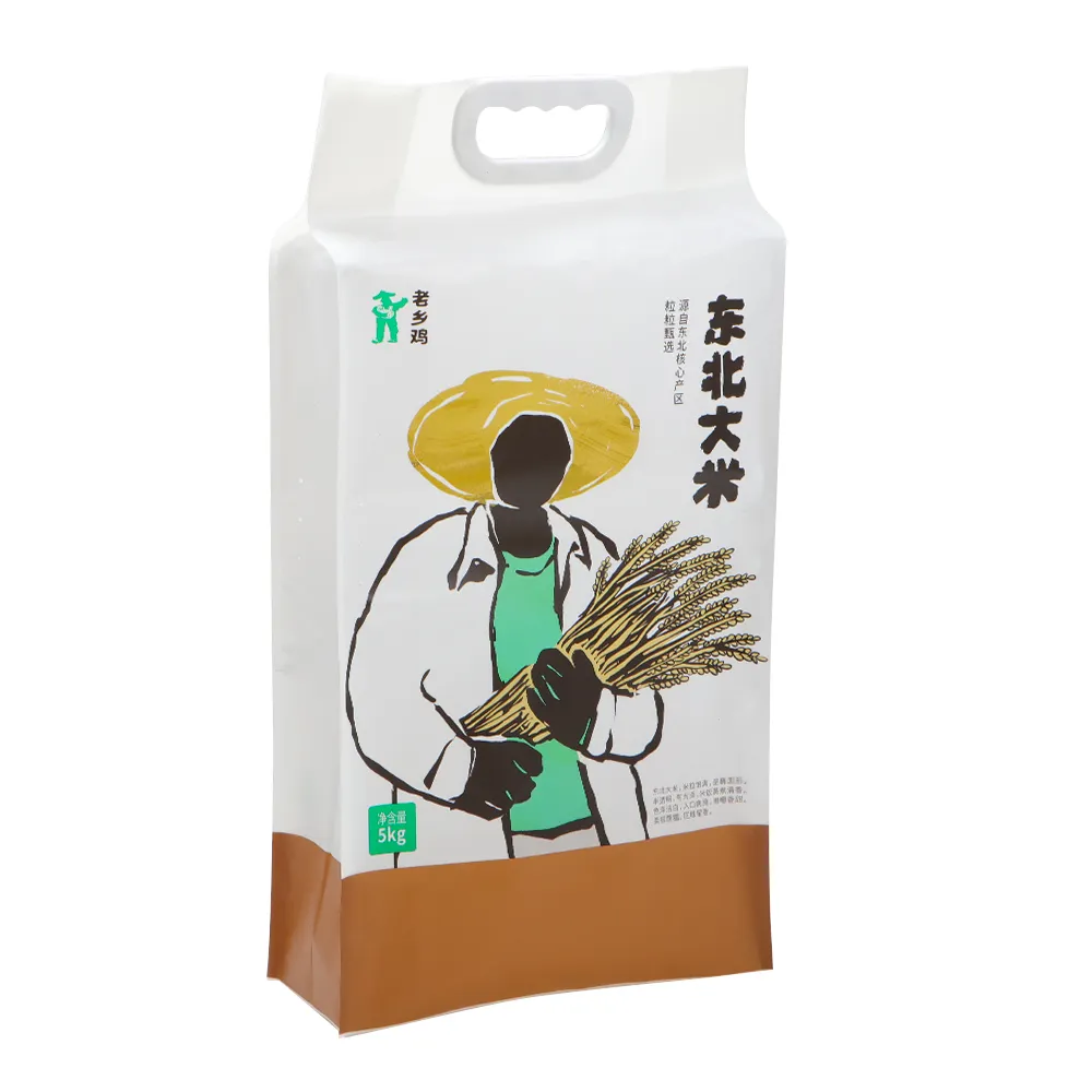 Düz Bootm pirinç ambalaj kulplu çanta üreticileri plastik çin geri dönüşümlü 1kg 2kg 5kg 10kg gıda ayakta duran torba ısı mühür