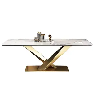 현대 호화스러운 식당 가구 대리석 소결된 돌 판금 직사각형 테이블 금 스테인리스 8 의자 식탁 세트