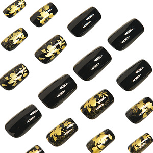 24 Stück Chinesischer Stil Schwarze Glänzende Elegante Vorgefertigte Künstliche Fingernägel mit Goldenem Blätterdesign Quadratische Aufdrück-Fingernägel - Product Image 2