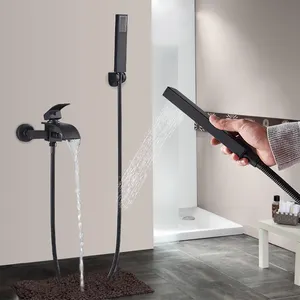 Матовый черный смеситель для ванны, Набор смесителей с двумя ручками, настенный набор для ванны и душа, вращающееся с длинным носиком