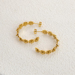 Hoop <b>Earrings</b> Flower Pattern 18K Gold Plated Stainless Steel Titanium Ear <b>Post</b> For Fashion Jewelry - Product Image 1