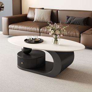 Tavolino da Caffè <span class=keywords><strong>Moderno</strong></span> Ovale in Legno Massello e Pietra con Design Durevole, Garanzia <span class=keywords><strong>di</strong></span> 2 Anni per Soggiorno - Product Image 1