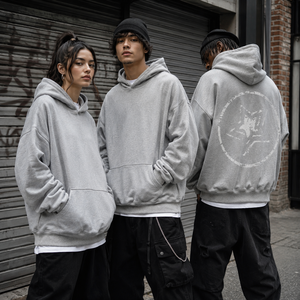Sweat à capuche gris chiné personnalisé avec logo, pour hommes et femmes, coupe oversize, en molleton de coton épais, style streetwear, OEM, faible MOQ, motif étoile - Product Image 2
