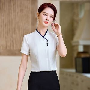 Hotel Uniform Short Sleeve Shirt With Skirt Blue Polyester Cotton Summer 2025 Workwear For Receptionist Flight Attendant - Product Image 4