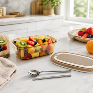 Boîte à lunch <span class=keywords><strong>en</strong></span> verre portable 950 ml, conteneur de stockage alimentaire ovale à double couche avec poignée pour l'école - Product Image 4