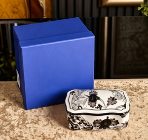 <b>Light</b> Blue Porcelain Jewelry Box With Dark Blue Floral Print Gold Edge For <b>Vanity</b> Table Decoration - Product Image 4