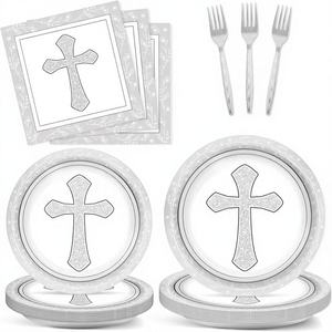 Juego de Vajilla para 24 Invitados con Servilletas y Platos de Postre con Cruz para Bautizo y <span class=keywords><strong>Primera</strong></span> Comunión, Color Gris, Artículos Religiosos para Fiestas - Product Image 1