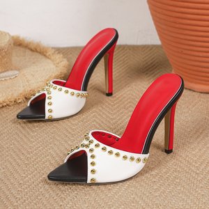 Nuevos Tacones de Aguja con Punta en Pico, Estilo Europeo y Americano, con Tachuelas y Diseño de Bloques de Color con Punta Abierta para Mujer - Product Image 5