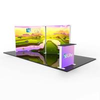 Stand d'exposition portable avec mur en tissu rétroéclairé, étagères et comptoir de réception pour les expositions et les événements