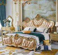 Lit king-size mural réglable en bois de chêne massif, style royal européen, rembourré en cuir PU de luxe antique, fleurs sculptées à la main