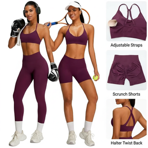 Ensemble de yoga côtelé sans couture à séchage rapide avec logo personnalisé, soutien-gorge de sport sexy dos nu et leggings froncés effet push-up, 3 pièces, vente en gros OEM - Product Image 1