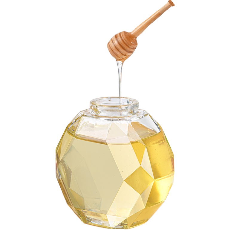 有竞争力的热门产品透明新颖蜜罐玻璃蜂蜜六角玻璃罐,带黑色盖子