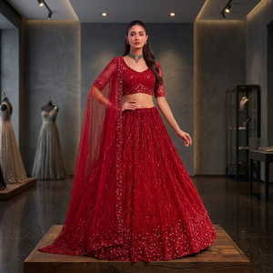 Burgundy Beaded Lehenga Set <b>Sequin</b> Mesh Dupatta Sleeveless Banarasi Style Evening Dress for Wedding Party For Women Wear - Product Image 1