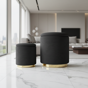 Tabouret ottoman réglable noir en similicuir rembourré avec base en métal moderne - Siège d'appoint pour hôtel, appartement, chambre à coucher - Product Image 1