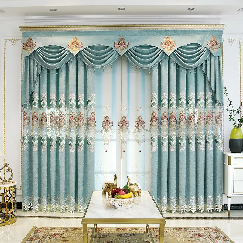 Hot Sale Curtain Ready Made Embroidery Luxury Design Popular Cheap Price Bed Room Embroidery Golden Yellow Blue Curtain