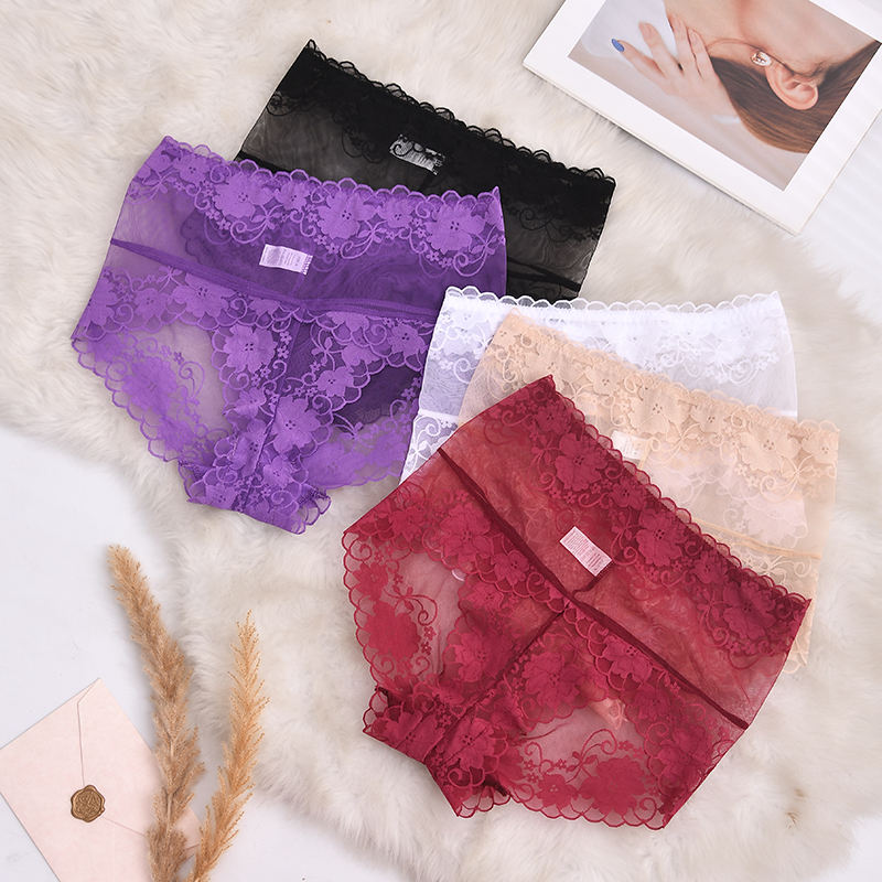 In Stock See through floral High-Waist Underwear Lace Briefs for Women Ladies' Sexy Lace Panties Transparent Nickers for Ladies