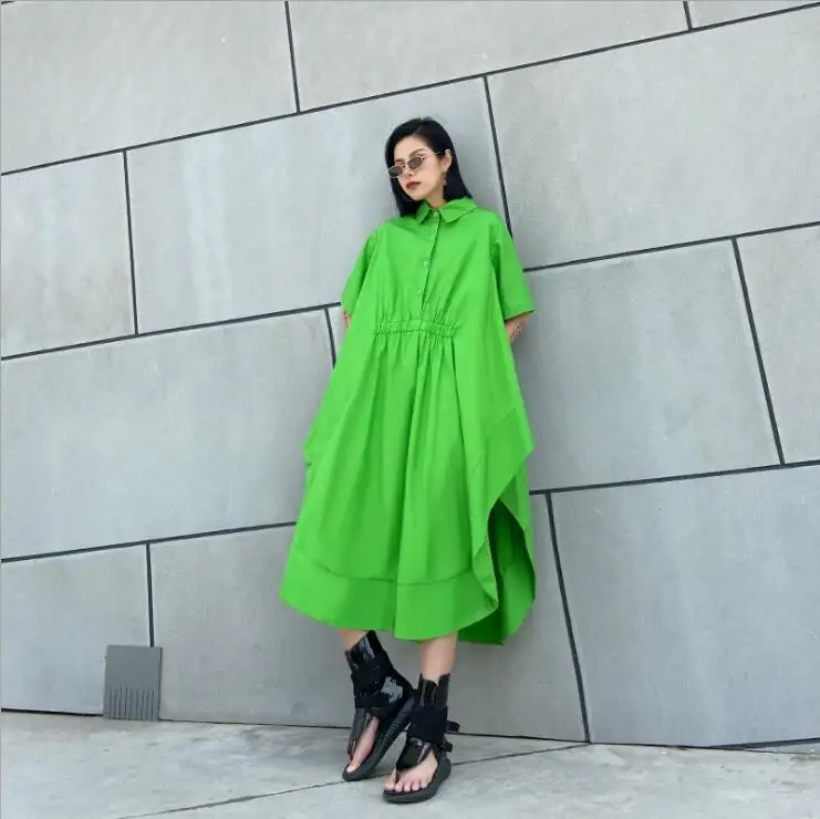 Wholesale Plus Size Women's Shirt Dresses 2021 Retro French Blouse Dress Midi-Length Irregular Asymmetric A-Line Skirt Dress