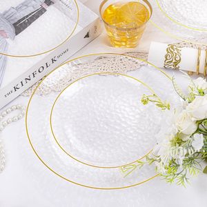 Assiettes en plastique à bord doré, motif martelé, bord <span class=keywords><strong>rose</strong></span> doré, <span class=keywords><strong>vaisselle</strong></span> de fête <span class=keywords><strong>jetable</strong></span>, ensemble de <span class=keywords><strong>vaisselle</strong></span> élégante - Product Image 4