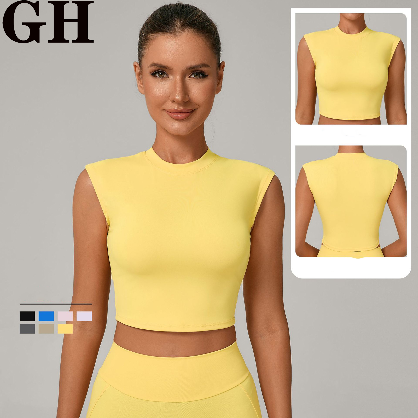 GH Wholesale Four-way Stretch Yoga Vest Quick Dry Round Neck Sleeveless Nylon Solid Tight Top Yoga Fitness T-shirt for Women